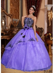 OgPurple and Black Strapless Appliques Ball Gown Dress with hand Made Flower