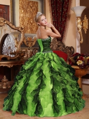 Olive Green and Black Sweetheart 15th Birthday Dresses Beading and Ruffles