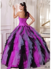 One Shoulder Multi-colored Ball Gown Beading and RufflesFloor-length Organza Discount Quinceanera Dresses