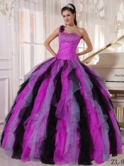 One Shoulder Multi-colored Ball Gown Beading and RufflesFloor-length Organza Discount Quinceanera Dresses