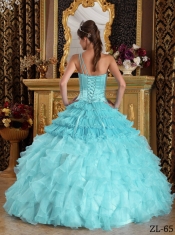 One Shoulder Spring Quinceanera Dresses 2014 Ball Gown Satin and Organza Baby Blue Lace-up