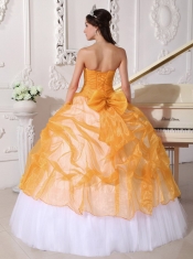 Orange and White Ball Gown Strapless 15th Birthday Dresses Taffeta and Organza Appliques