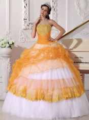 Orange and White Ball Gown Strapless 15th Birthday Dresses Taffeta and Organza Appliques