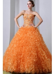 Orange Red A-Line Sweetheart Brush Train Pretty Quinceanera Dresses with Organza Beading and Ruffles