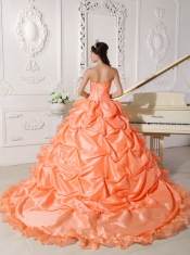 Orange Red Ball Gown Strapless Chapel Train Taffeta Beading Pretty Quinceanera Dresses