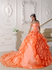 Orange Red Ball Gown Strapless Chapel Train Taffeta Beading Pretty Quinceanera Dresses