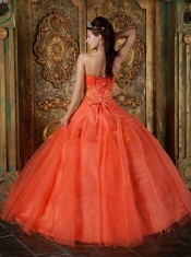 Orange Red Discount Ball Gown Sweetheart With Organza Appliques Quinceanera Dress