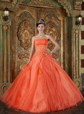 Orange Red Discount Ball Gown Sweetheart With Organza Appliques Quinceanera Dress