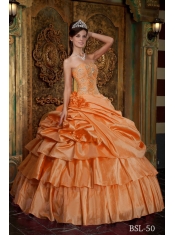 Orange Sweetheart Organza Ball Gown Beadings and Ruffles Straps