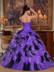 Organza Purple and Black Strapless Beading Organza Ball Gown Dressw with Ruching and Ruffles