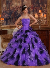Organza Purple and Black Strapless Beading Organza Ball Gown Dressw with Ruching and Ruffles