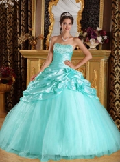 Perfect Baby Blue Ball Gown Floor-length Taffeta and Tulle Beading Quinceanera Dress