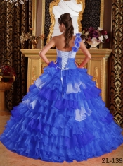 Perfect Blue and White One Shoulder  Ruffles and Beading Quinceanera Dress