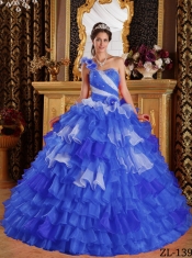 Perfect Blue and White One Shoulder  Ruffles and Beading Quinceanera Dress