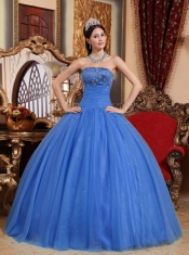 Perfect Blue Ball Gown Strapless With Tulle Embroidery And Beading Discount Quinceanera Dress