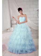 Perfect Blue Ball Gown Sweetheart Floor-length Organza Beading Quinceanea Dress