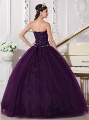 Perfect Dark Purple Ball Gown Sweetheart Floor-length Tulle Rhinestone For Sweet 16 Dresses