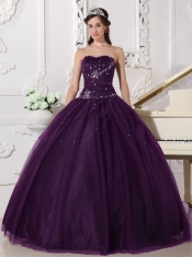 Perfect Dark Purple Ball Gown Sweetheart Floor-length Tulle Rhinestone For Sweet 16 Dresses