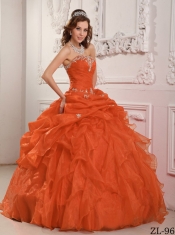Perfect Orange Red Floor-length Strapless Ball Gown Organza Beading And Ruffles Discount Quinceanera Dresses