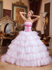 Perfect White Ball Gown Strapless Detachable Train Organza Appliques Quinceanera Dress