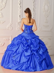 Pick Ups Strapless Taffeta with Appliques and Ruching Ball Gown Dress in Blue