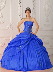 Pick Ups Strapless Taffeta with Appliques and Ruching Ball Gown Dress in Blue