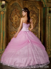 Pink Ball Gown Strapless 15th Birthday Dresses Appliques Tulle