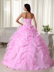 Pink Ball Gown Strapless Floor-length Organza Beading Pretty Quinceanera Dresses