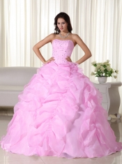 Pink Ball Gown Strapless Floor-length Organza Beading Pretty Quinceanera Dresses