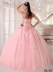Pink Ball Gown Strapless In New Styles With Tulle Beading and Ruching Quinceanera Dress