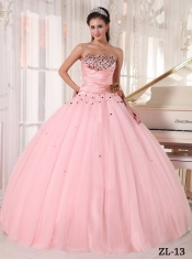 Pink Ball Gown Strapless In New Styles With Tulle Beading and Ruching Quinceanera Dress