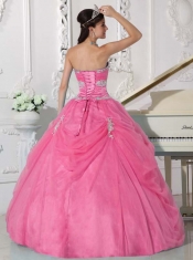 Pink Ball Gown Strapless Pretty Quinceanera Dresses with  Taffeta and Organza Appliques and Hand Made Flower