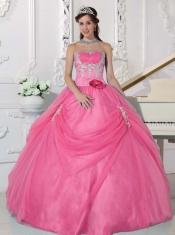 Pink Ball Gown Strapless Pretty Quinceanera Dresses with Taffeta and Organza Appliques and Hand Made Flower