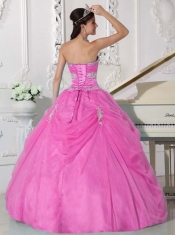 Pink Ball Gown Strapless Quinceanera Dress with Taffeta and Organza Appliques and Hand Made Flower