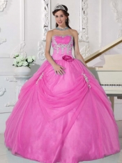 Pink Ball Gown Strapless Quinceanera Dress with Taffeta and Organza Appliques and Hand Made Flower