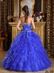 Popular Blue Ball Gown Sweetheart With Ruffles Organza For Sweet 16 Dresses