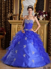 Popular Blue Ball Gown Sweetheart With Ruffles Organza For Sweet 16 Dresses