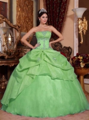Popular Green Ball Gown Strapless With Organza Beading For Discount Quinceanera Dress