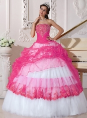 Popular Hot Pink and White Ball Gown Strapless Floor-length 2014 Spring Quinceanera Dresses