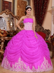 Pretty Hot Pink Ball Gown Strapless Organza Beading Quinceanera Dress