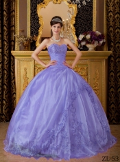 Pretty Lilac Ball Gown Sweetheart Floor-length Appliques Organza For Sweet 16 Dresses