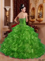 Pretty Ruffles Strapless Organza Beading Ball Gown Dress in Green