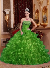 Pretty Ruffles Strapless Organza Beading Ball Gown Dress in Green