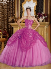 Pretty Sweetheart Sequined and Tulle with hand Made flower Ball Gown Dress in Pink