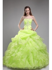 Pretty Yellow Green Beading Strapless Orangza Ruffles Ball Gown Dress