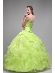 Pretty Yellow Green Beading Strapless Orangza Ruffles Ball Gown Dress