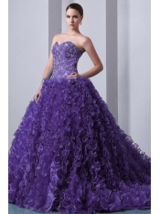 Purple A-Line Sweetheart Brush Train Organza Beading and Ruffles Quinceanea Dress