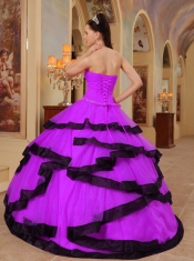 Purple and Black Strapless Pretty Quinceanera Dresses with Organza Appliques