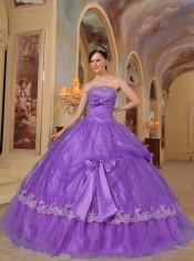 Purple Ball Gown Strapless Pretty Quinceanera Dresses  with  Bows Sequins and Organza