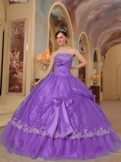 Purple Ball Gown Strapless Pretty Quinceanera Dresses with Bows Sequins and Organza